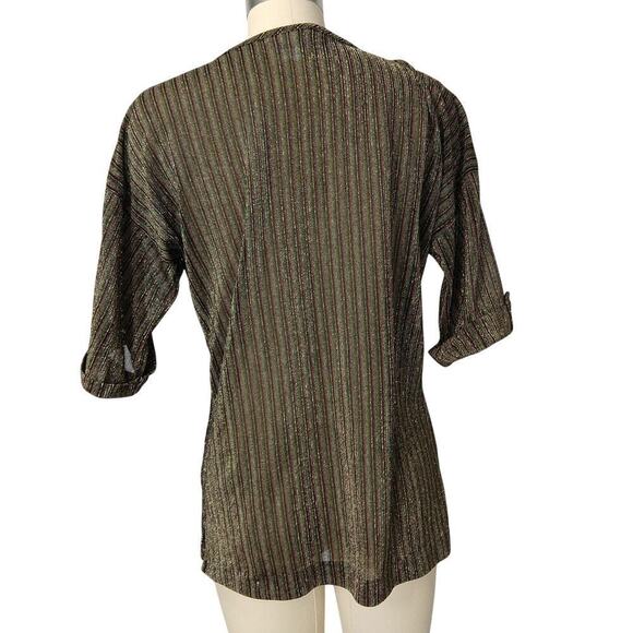 Vintage 70s Metallic Top Size M Black Stripe Disco Short Sleeve With It Shimmer - Picture 7 of 9